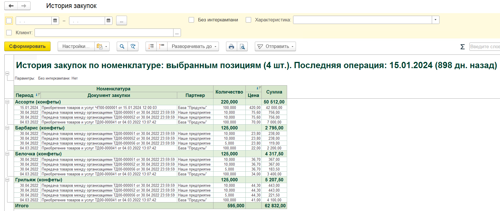 история закупок из справочника номенклатура