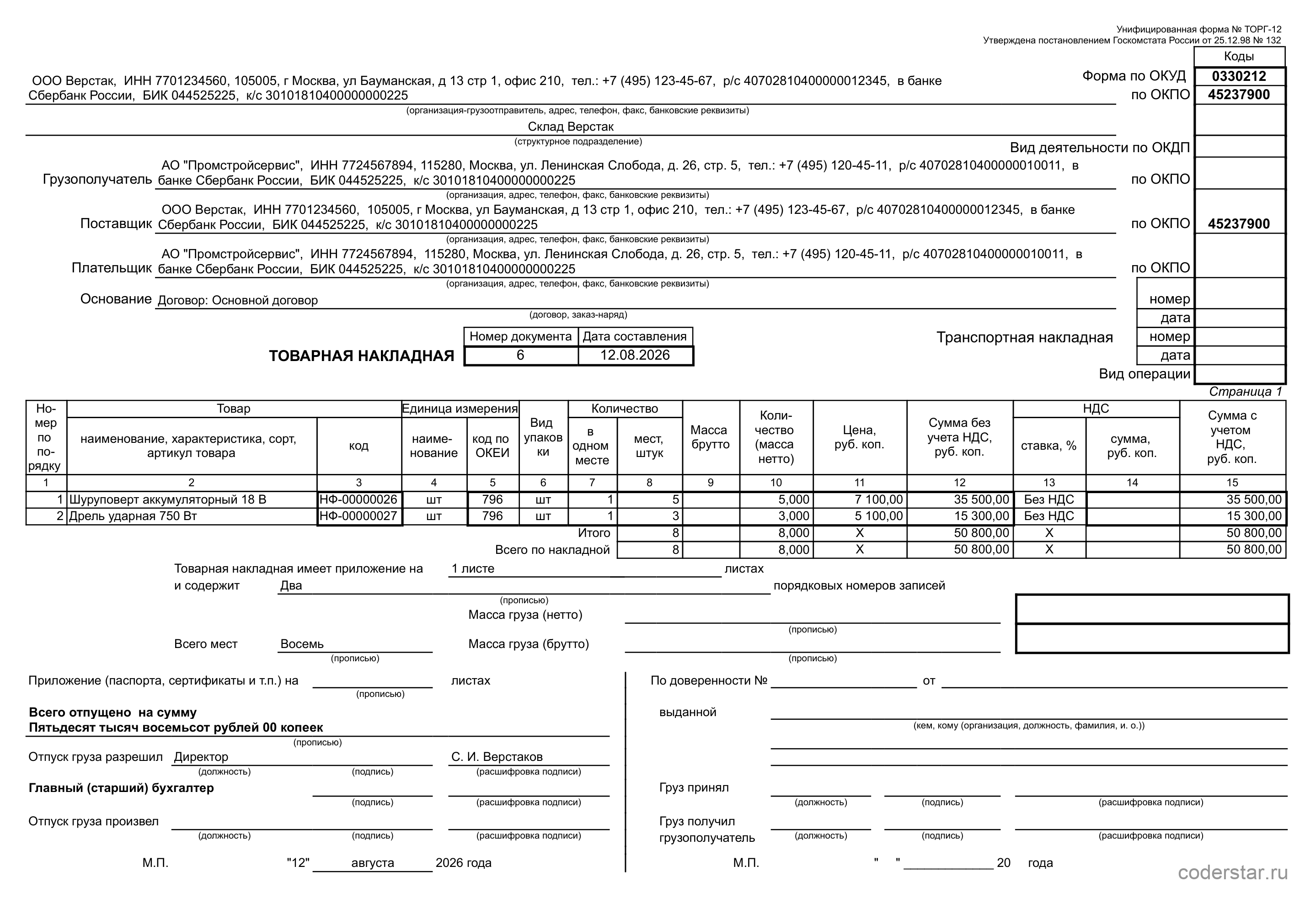 Печатная форма ТОРГ-12 расходной накладной 1С:УНФ 3.0: товарные строки, суммы и подписи