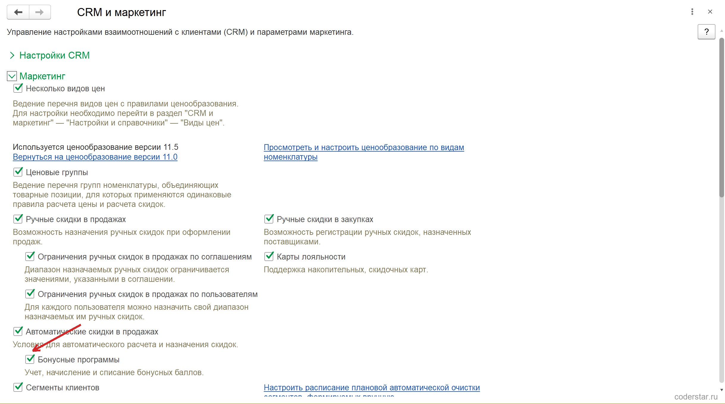 Настройки CRM и маркетинга в 1С:Управление торговлей 11.5, раскрытая группа «Маркетинг»: включенные флажки «Несколько видов цен», «Ценовые группы», «Ручные скидки в продажах», «Карты лояльности», «Автоматические скидки в продажах» и подчиненный ему флажок «Бонусные программы» с пояснением «Учет, начисление и списание бонусных баллов»