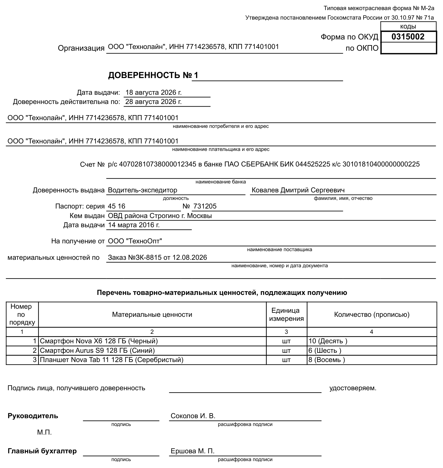 Печатная форма М-2а доверенности из 1С:Управление торговлей 11.5 без корешка: та же доверенность, что и в форме М-2, начинается сразу с шапки типовой межотраслевой формы