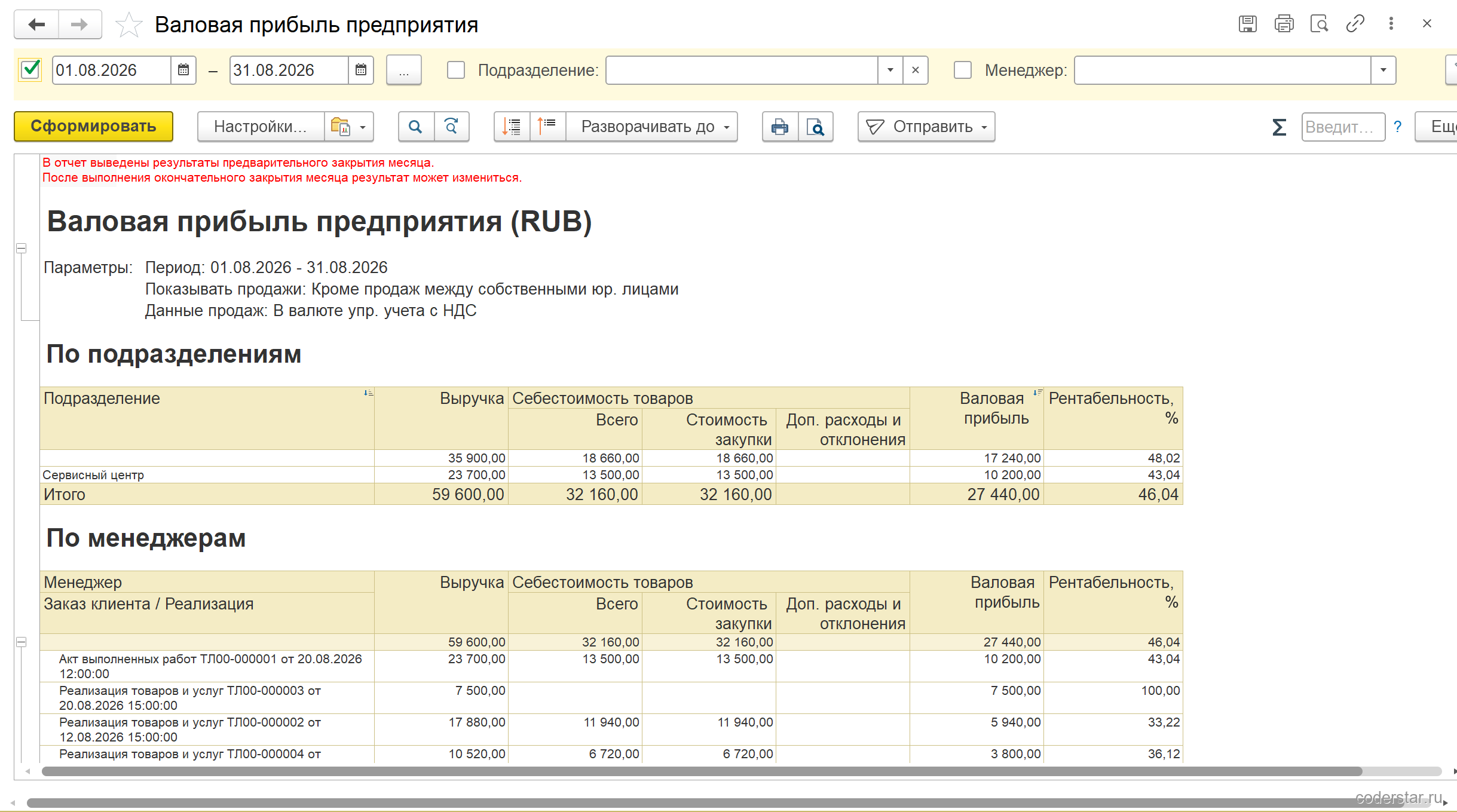Отчет «Валовая прибыль предприятия» в 1С:Управление торговлей 11.5 за август 2026: строки продаж базы курса, включая реализацию комплектующих набора «Комплект для зарядки Vertex» на 10 520 рублей