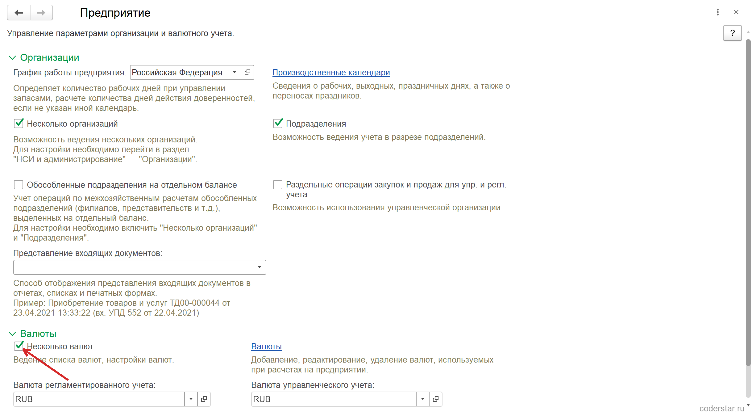 Форма «Предприятие» в 1С:Управление торговлей 11.5: группа «Организации» с заполненным графиком работы «Российская Федерация», включенными флажками «Несколько организаций» и «Подразделения», выключенными «Обособленные подразделения на отдельном балансе» и «Раздельные операции закупок и продаж для упр. и регл. учета»