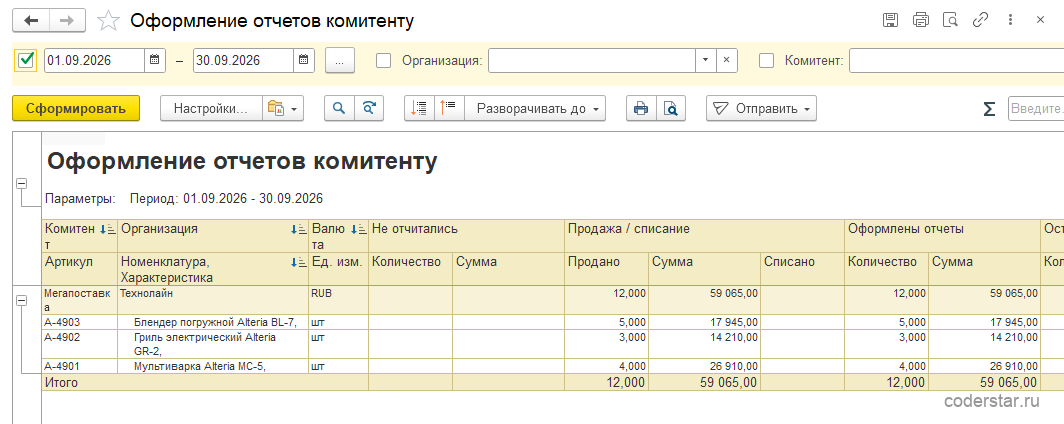 Отчет «Оформление отчетов комитенту» в 1С:Управление торговлей 11.5: соглашение «Прием на комиссию (Мегапоставка)» и суммы продаж, по которым нужно отчитаться