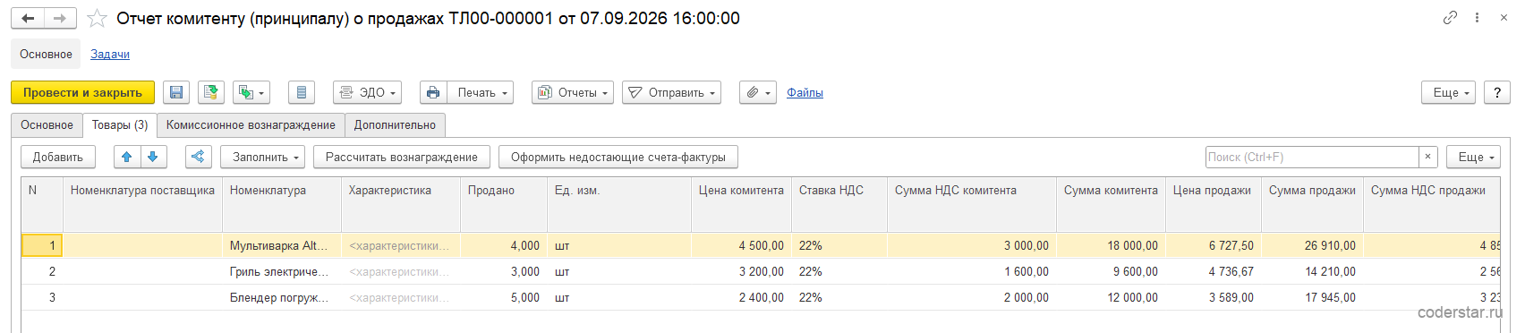 Документ «Отчет комитенту» ТЛ00-000001 в 1С:Управление торговлей 11.5, закладка «Товары»: три строки с ценой комитента, ценой продажи, суммой продажи 59&nbsp;065&nbsp;рублей и суммой по ценам комитента 39&nbsp;600&nbsp;рублей