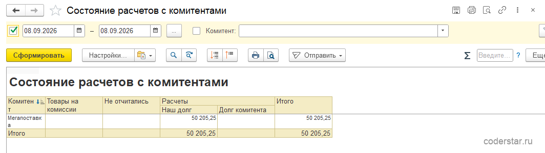 Отчет «Состояние расчетов с комитентами» в 1С:Управление торговлей 11.5: долг перед комитентом «Мегапоставка» 50&nbsp;205,25&nbsp;рубля после проведения отчета