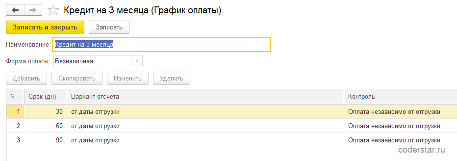 Карточка графика оплаты «Кредит на 3 месяца» в 1С:Управление торговлей 11.5 с тремя кредитными этапами