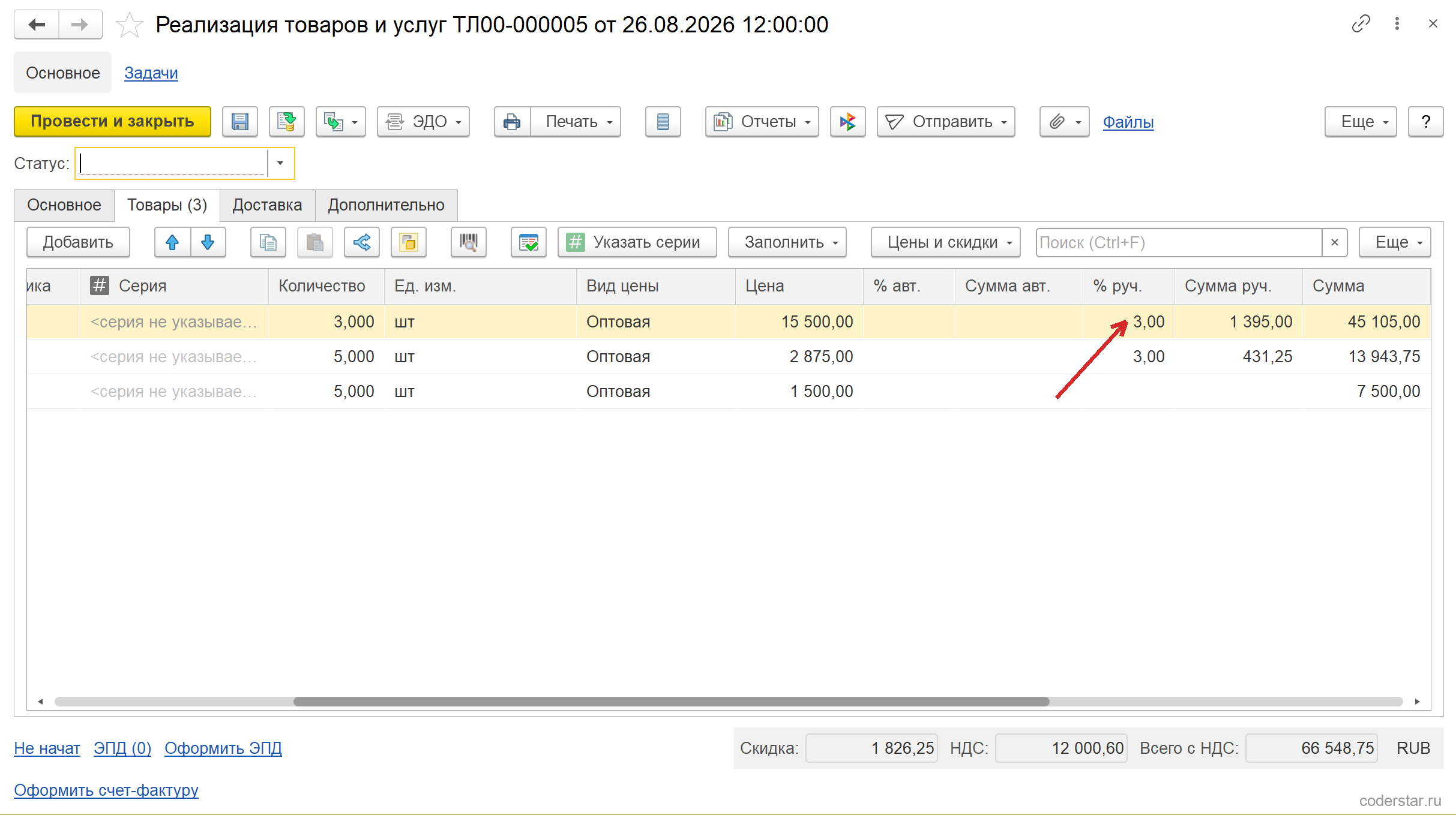 Табличная часть «Товары» реализации ТЛ00-000005 в 1С:Управление торговлей 11.5 после прокрутки вправо: колонки «% авт.», «Сумма авт.», «% руч.» со значением 3,00 в двух строках, «Сумма руч.» со значениями 1 395,00 и 431,25 и «Сумма» — 45 105,00, 13 943,75 и 7 500,00
