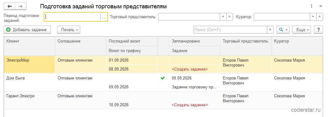 Форма подготовки заданий торговым представителям в 1С:Управление торговлей 11.5 с отбором по периоду и представителю