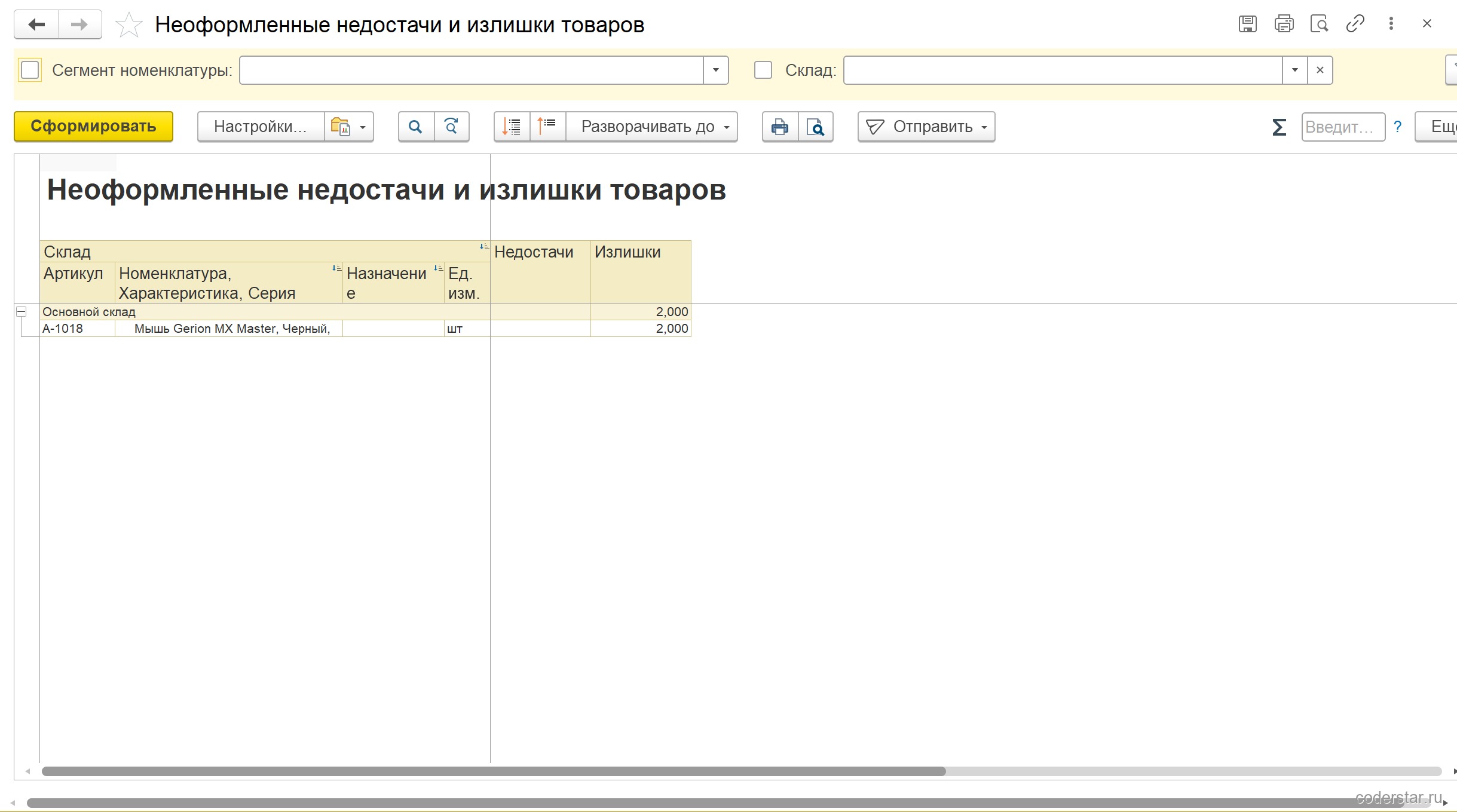 Отчет «Неоформленные недостачи и излишки товаров» в 1С:Управление торговлей 11.5: по основному складу строка «Мышь Gerion MX Master, Черный» с двумя единицами в колонке «Излишки», колонка «Недостачи» пуста