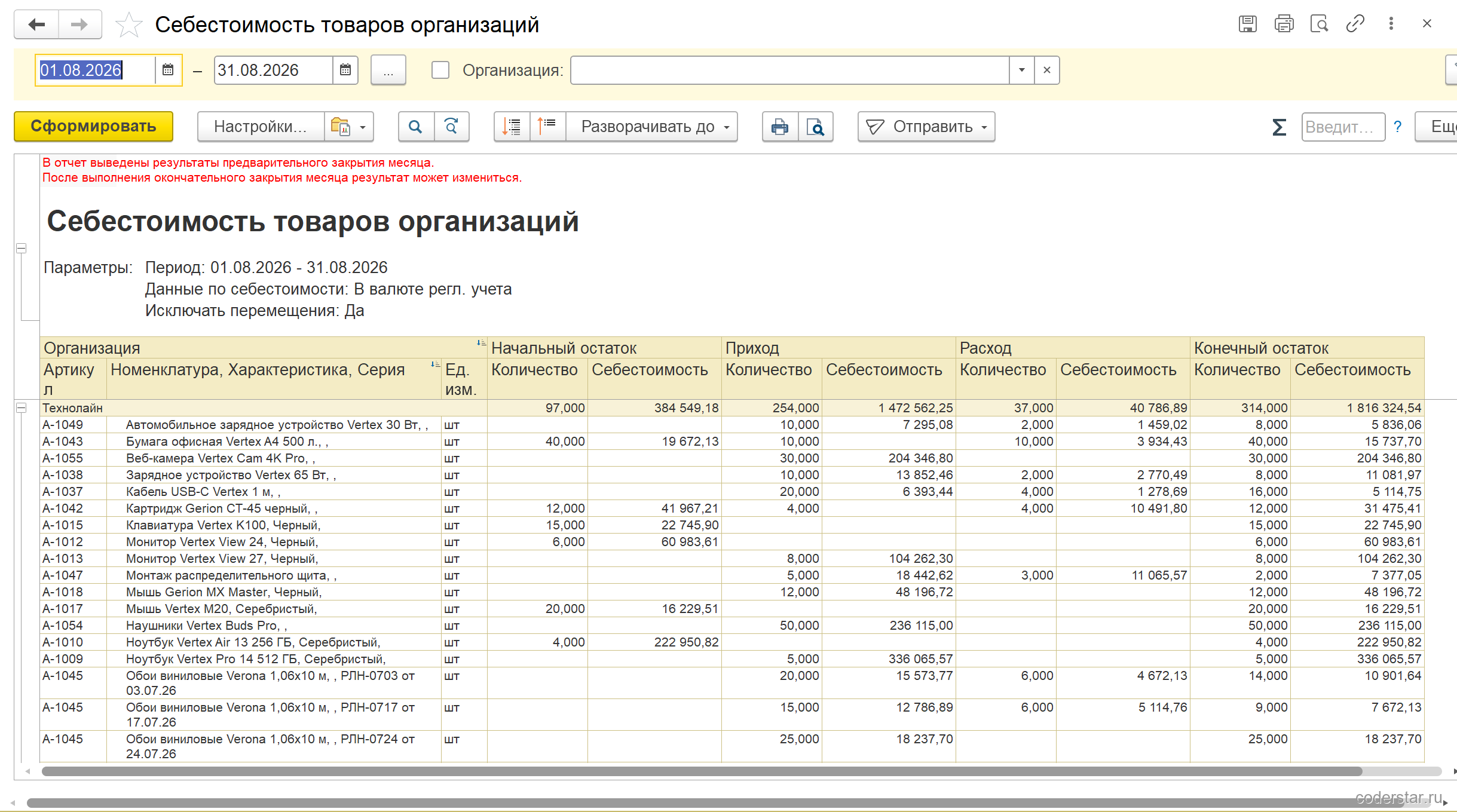 Отчет «Себестоимость товаров организаций» в 1С:Управление торговлей 11.5 за август 2026: приход импортных позиций — веб-камера Vertex Cam 4K Pro 30 шт на 204 346,80, наушники Vertex Buds Pro 50 шт на 236 115,00