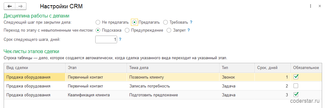 настройки CRM в 1С УТ 11 — дисциплина и чек-листы этапов сделки