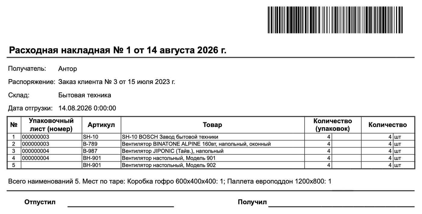 расходная накладная с упаковками в 1С — состав отгрузки по местам и сводка мест по таре