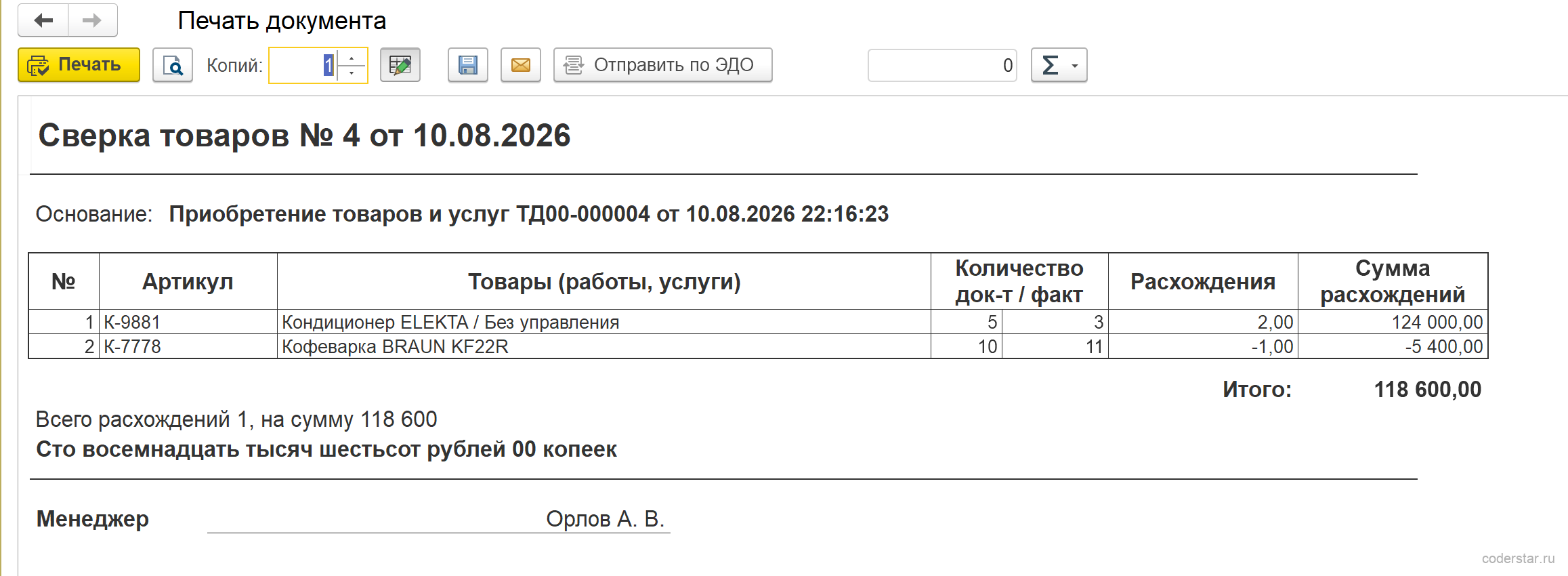 печатная форма Сверка товаров только различия