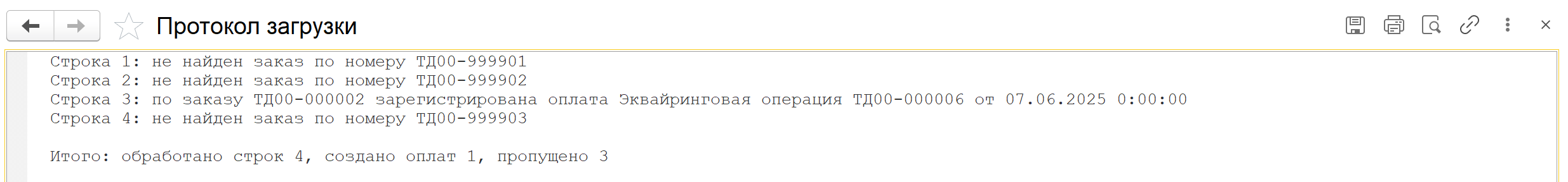 протокол загрузки оплат в 1С: пропущенные строки с причиной по каждой
