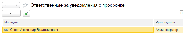 список «Ответственные за уведомления о просрочке» — менеджер и его руководитель