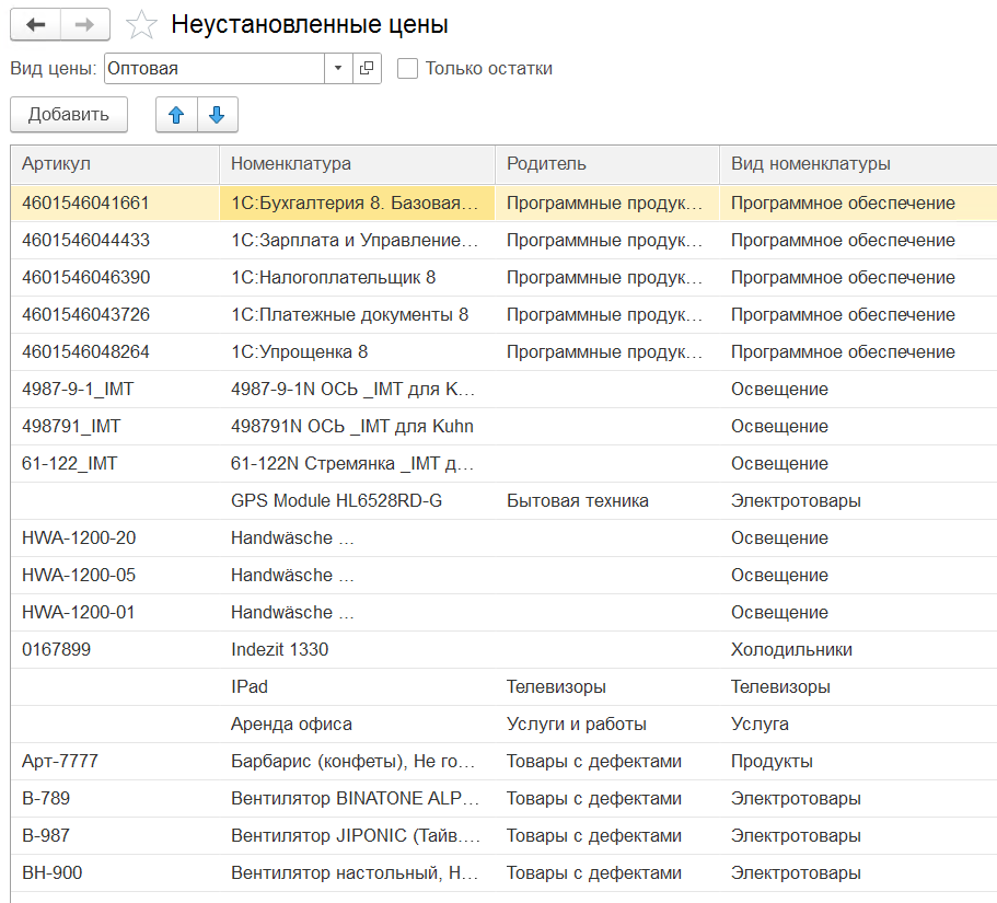 неустановленные цены