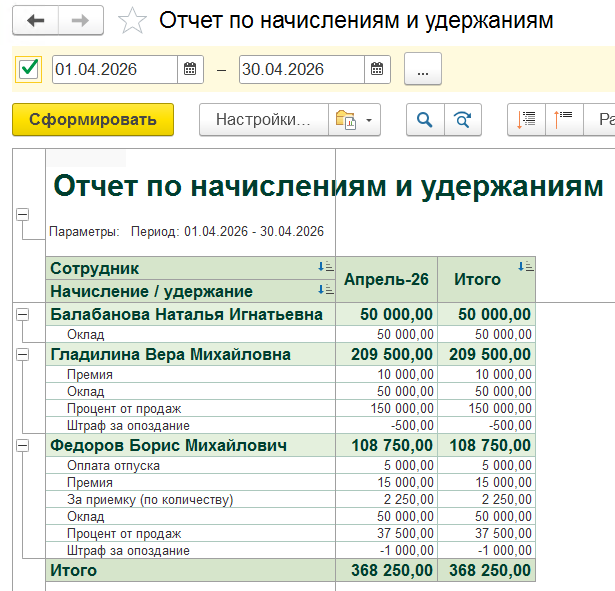 отчет по начилениям и удержаниям