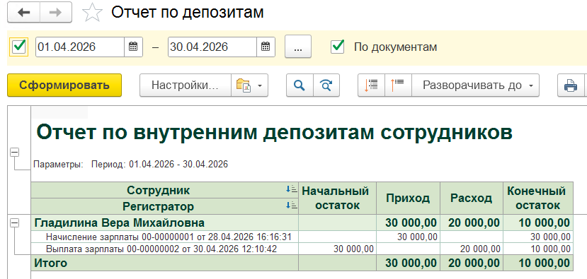 отчет по депозитам